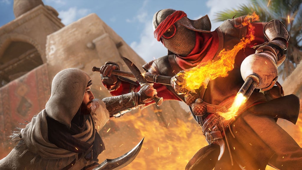 Krach! Bumm! Hier brennt's ja! Auch auf solch hochgerüstete Gegner trifft Basim im Laufe der Handlung von „Assassin's Creed: Mirage“.