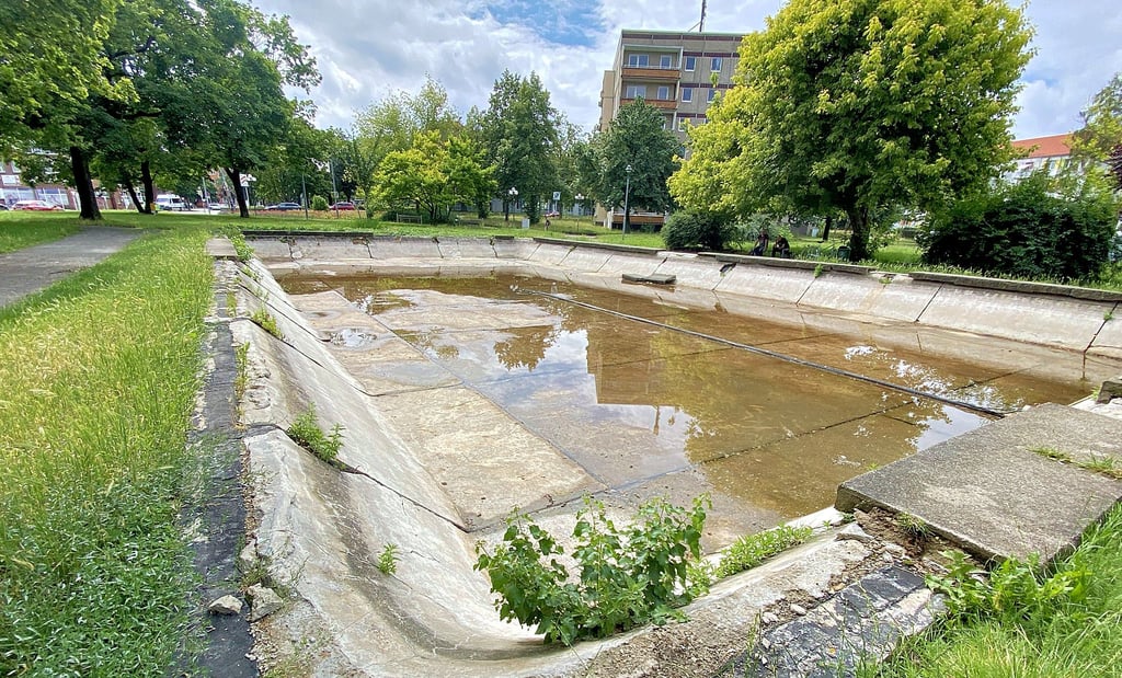 Der Springbrunnen am Breiten Tor wartet auf seine Sanierung. Es sammelt sich schon wieder Regenwasser.