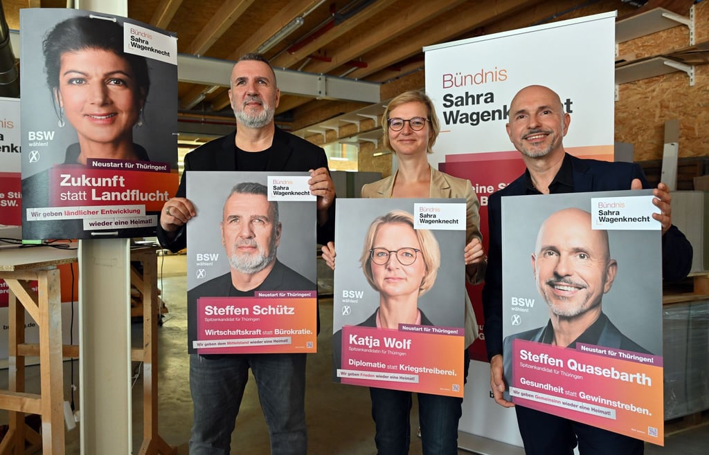 Die drei Thüringer Spitzenkandidaten Schütz (l), Wolf