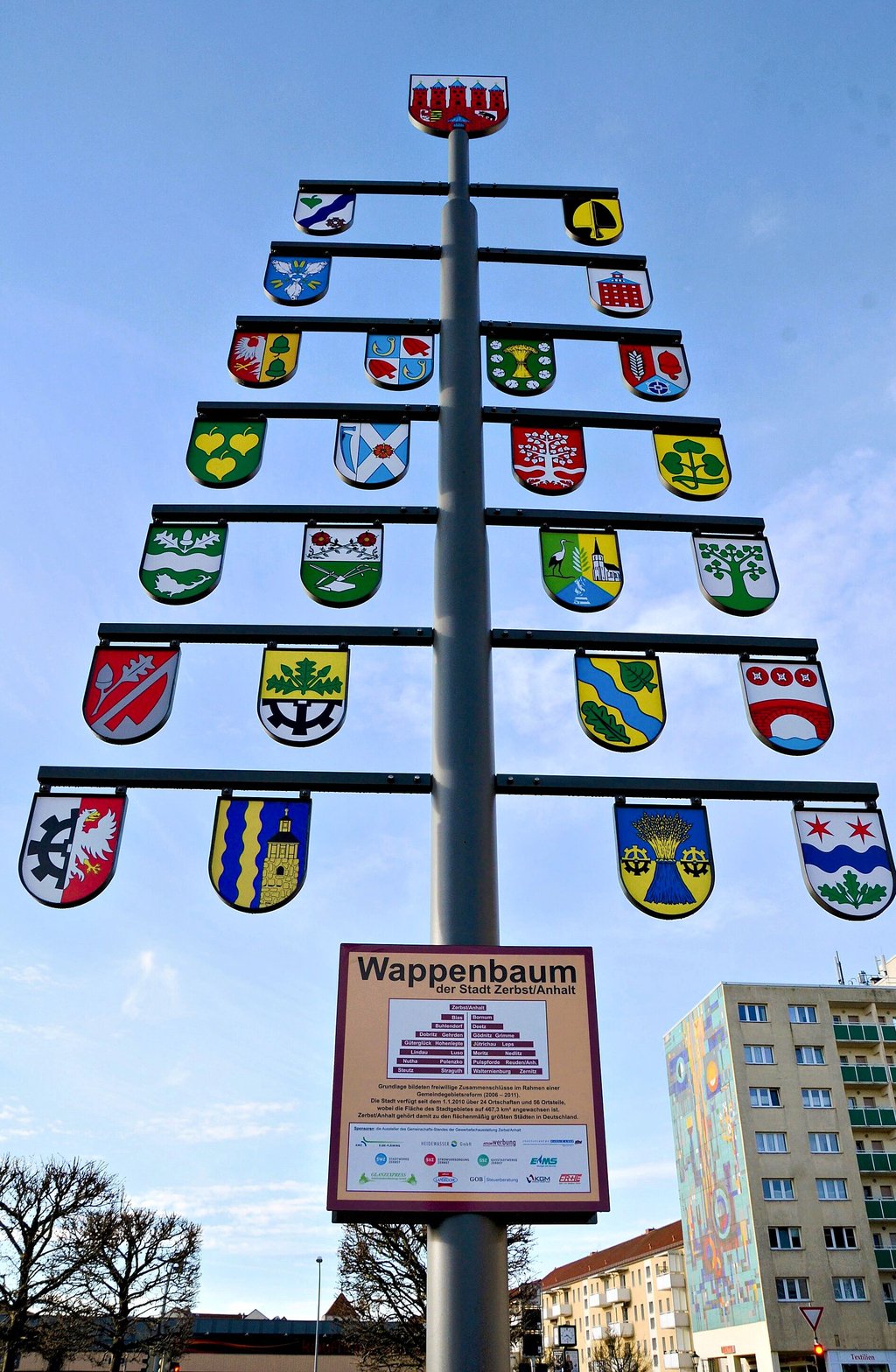 Um die Wappen zuzuordnen, wurden darunter die Ortschaften aufgelistet - auf der Seite mit Blickrichtung zur Alten Brücke geschah das allerdings spiegelverkehrt.