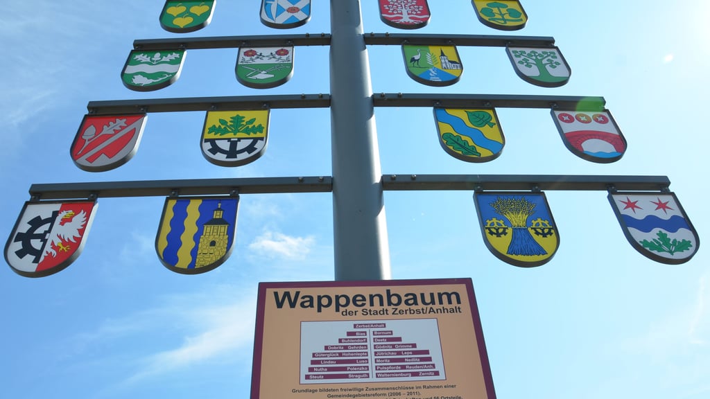 Auf dem Zerbster Marktplatz steht ein Wappenbaum, der bei genauer Betrachtung für Stirnrunzeln sorgt.