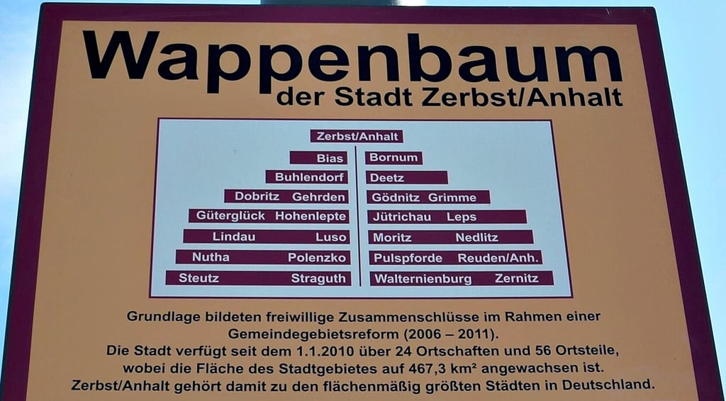 Herangezoomter Blick auf die Informationstafel zum Zerbster Wappenbaum.