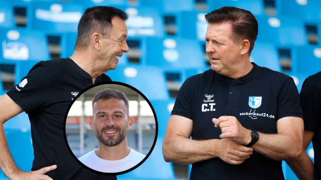 Was planen FCM-Sportchef Otmar Schork (li.) und FCM-Cheftrainer Christian Titz (re.) mit Neu-Stürmer Aleksa Marusic beim 1. FC Magdeburg