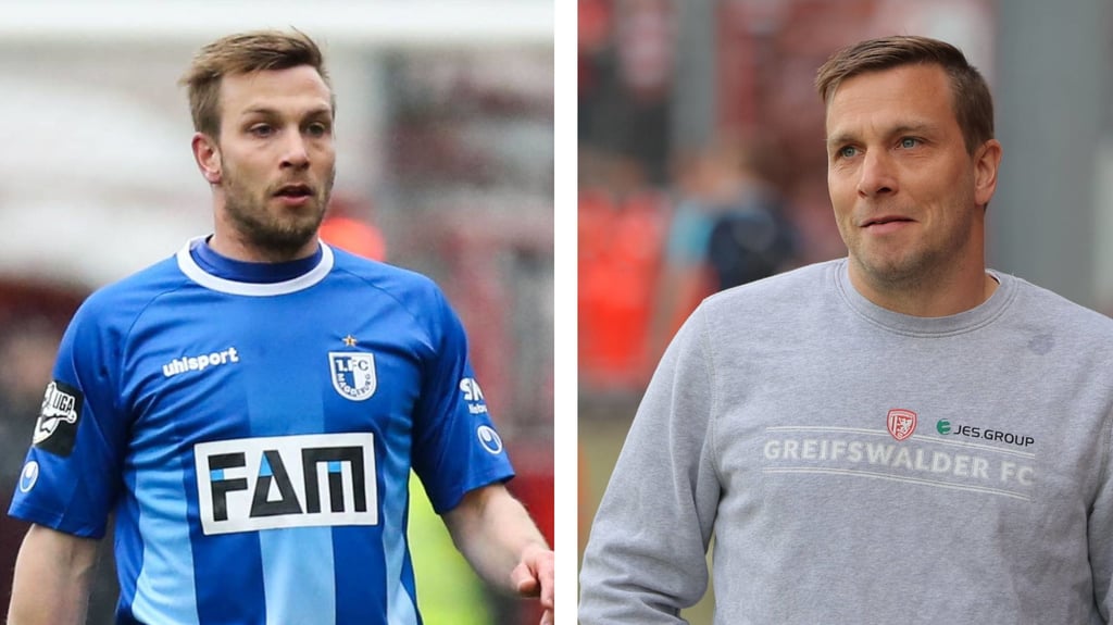 Lars Fuchs als Spieler beim 1. FC Magdeburg (li.) und später als Trainer vom Greifswalder FC.