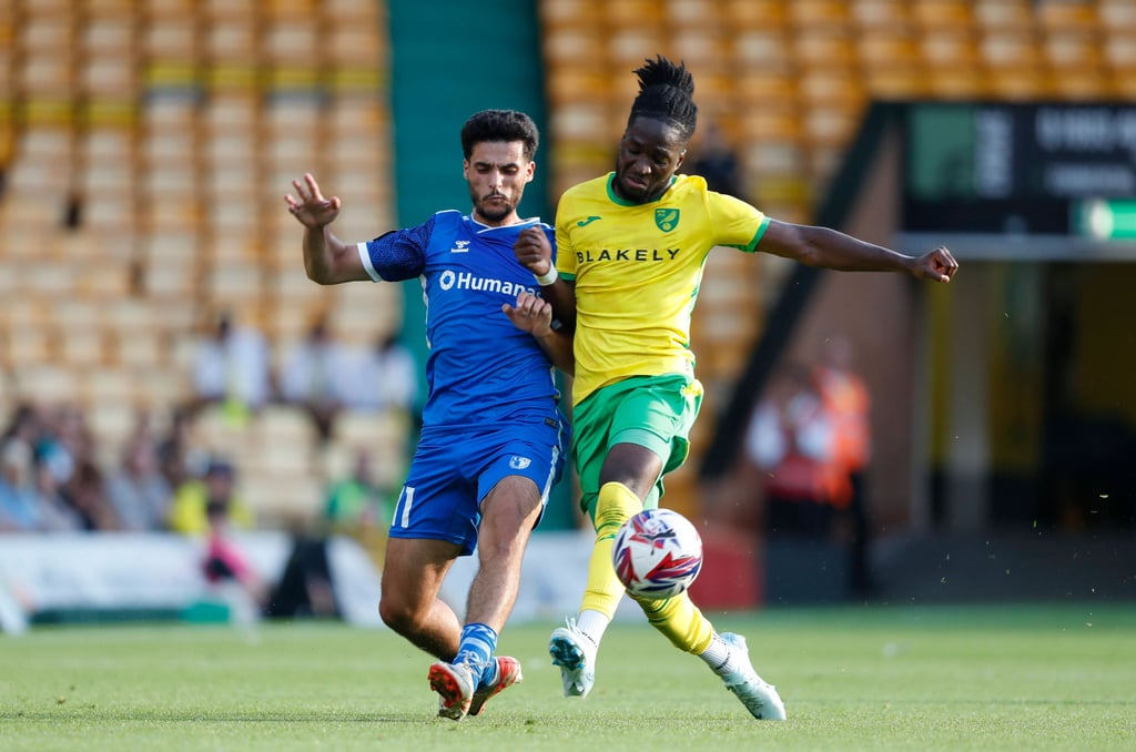 Norwich City v 1. FC Magdeburg Pre-Season Friendly Mo El Hankouri of 1. FC Magdeburg and Jonathan Rowe of Norwich in act