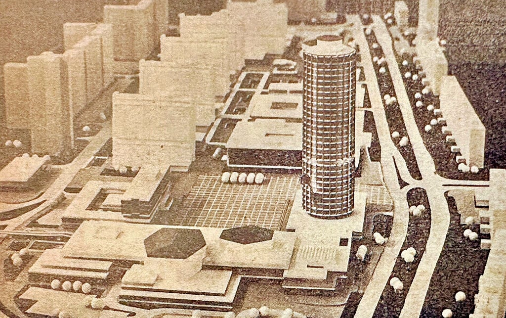Die Visualisierung der Studie zeigt das geplante Zentrum Halle-Neustadts. Ins Auge fallen der Turm, gegen den die Scheiben winzig wirken, und das Kulturzentrum (unterer Bildrand). Beides wurde nie gebaut.