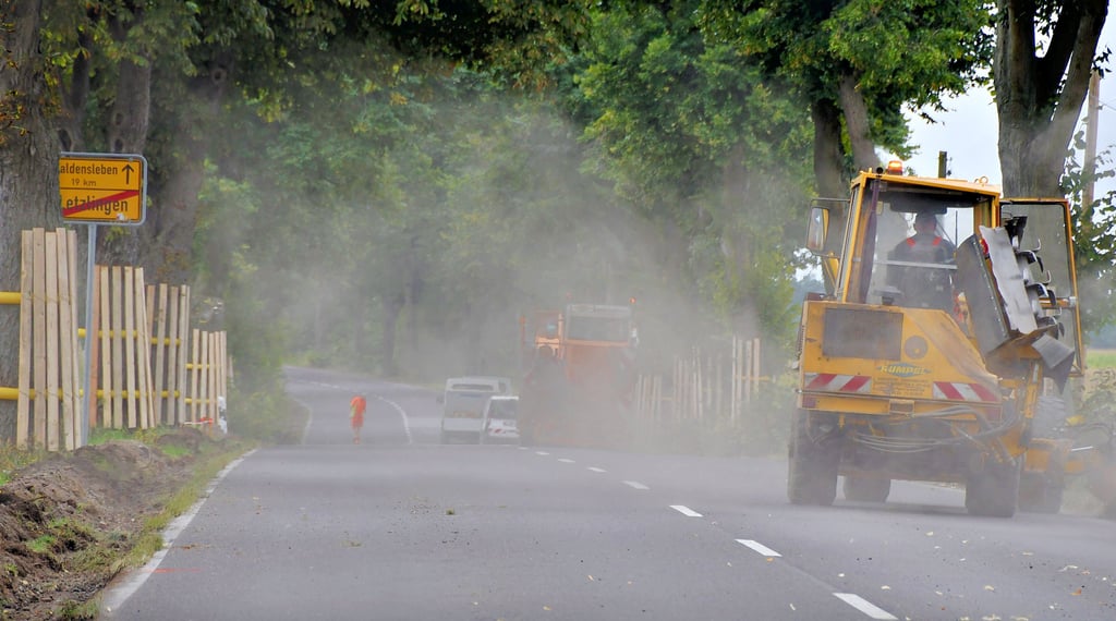 Es staubt schon mächtig bei den ersten Arbeiten auf der B 71 am Ortsausgang von Letzlingen. Bis zur Kreisgrenze Bördekreis wird die Fahrbahn erneuert. Die Bundesstraße wird dafür bis Ende Oktober komplett gesperrt. Ausgewiesen sind weiträumige Umfahrungen.