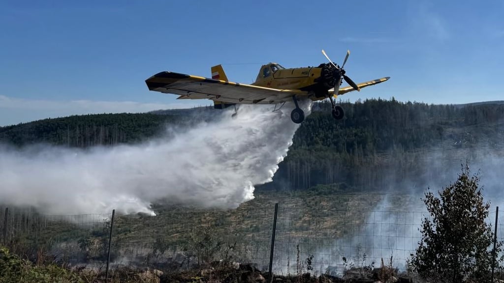 Das Löschflugzeug des Landkreises Harz im Einsatz nahe der Plessenburg.