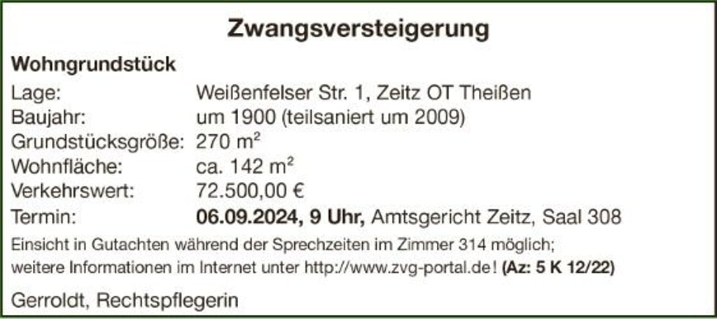 Wohngrundstück, Weißenfelser Str. 1, 06711 Zeitz/OT Theißen