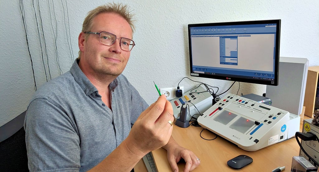 Christian Gebauer zeigt „Das schwerste Werkzeug“, dass er damals heben musste. Heute braucht er fast nur noch einen PC.