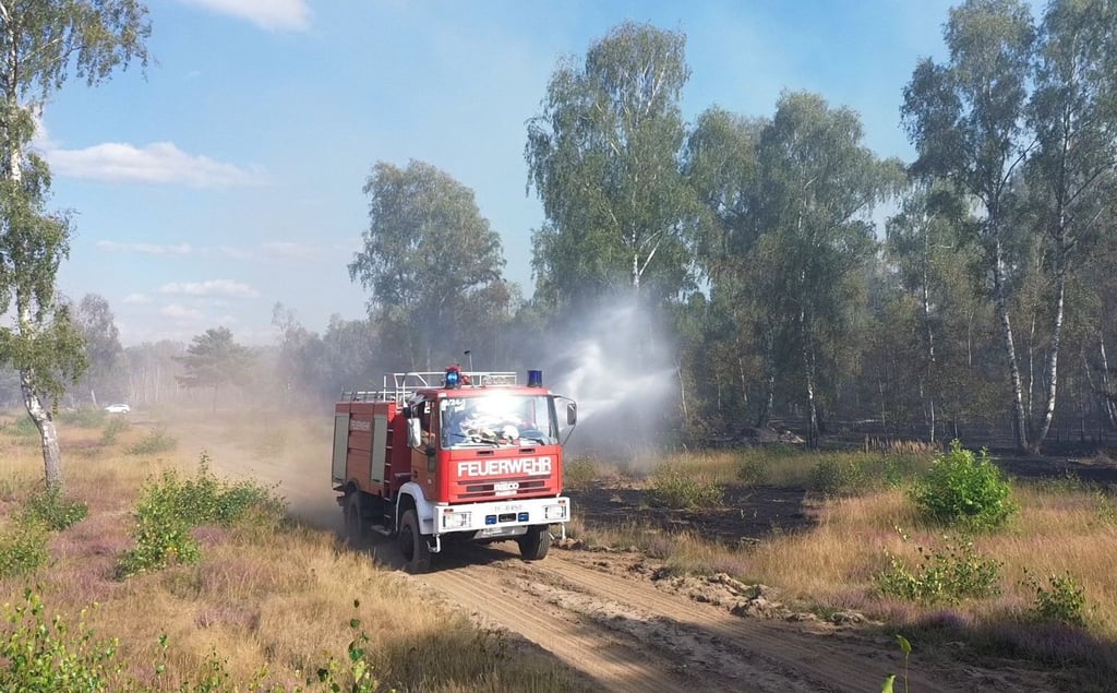 Die Feuerwehr löscht von Wegen aus beim Waldbrand in Jüterbog.