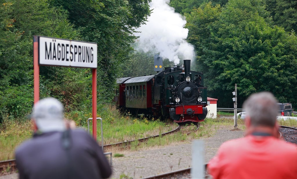 Die Dampflok „Hoya“ fährt am Haltepunkt Mägdesprung ein.