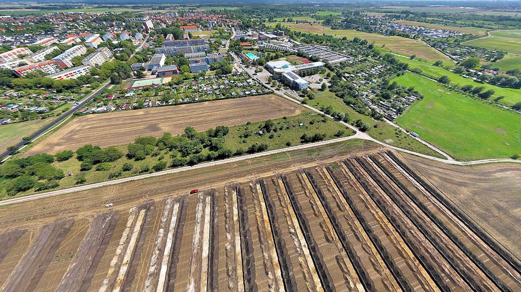 Furchen am unteren Bildrand sind sogenannte Suchschnitte der Archäologen auf dem künftigen Stadiongelände. Verfärbungen deuten auf Funde hin.