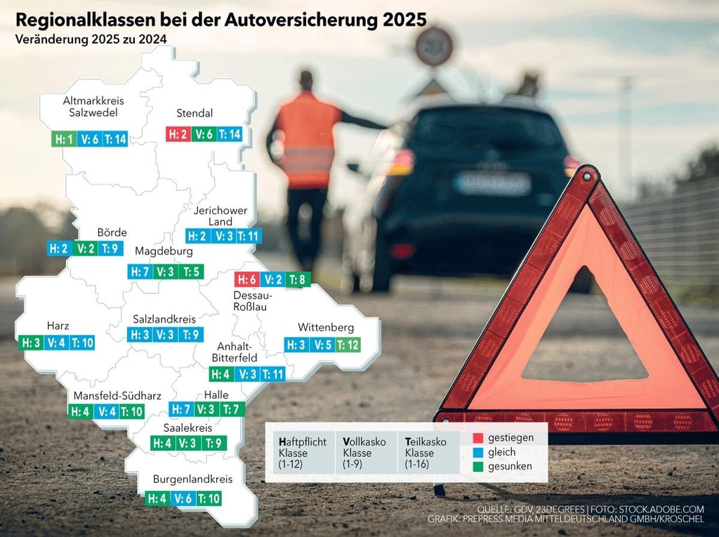 Die Regionalklassen bei den Kfz-Versicherungen ändern sich 2025 in Sachsen-Anhalt.