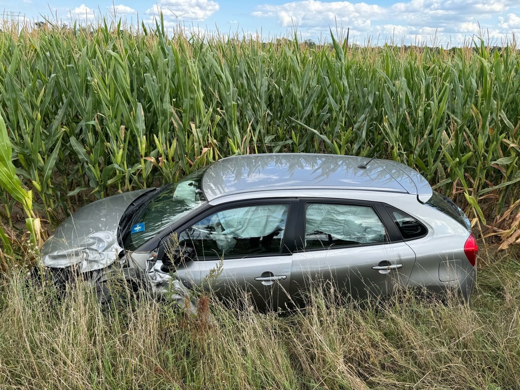 Dieser Wagen ist auf der Landesstraße 54 zwischen Parey und Güsen in einem Feld gelandet.
