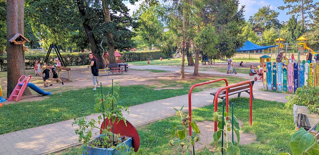 Auf einem großen Außengelände bieten sich für Kinder in Biederitz in dieser Kita viele Wege der Entfaltug. Auch der Bolzplatz kann genutzt werden.