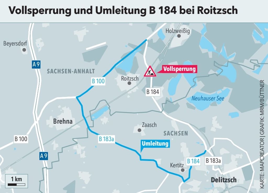 Die Grafik zeigt die Vollsperrung und die Umleitung der B184 bei RoitzschNadja Thätner hat eine Online-Petition gestartet, die Lösungen fordert.