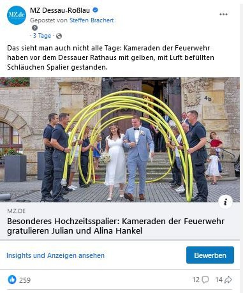Der Facebook-Post zur Dessauer Feuerwehr-Hochzeit.