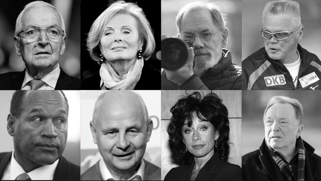 Todesfälle 2024: oben.v.l.: Kalus Töpfer, Ruth Maria Kubitschek, Klaus Otto Nagorsnik, Joachim Franke, Peter Sodann; (u.v.l.): O.J. Simpson, Bernd Hölzenbein, Vera Tschechowa;