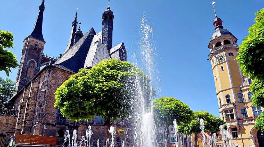 Wasserspiel auf dem Köthener Markplatz.