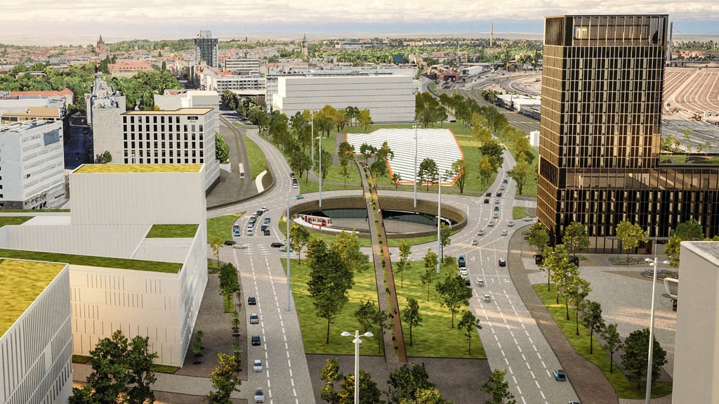 Die Visualisierung zeigt den neuen Riebeckplatz. Auf der schraffierten Fläche soll das Zukunftszentrum stehen. Die Neugestaltung des Verkehrsknotens ist Bestandteil des Architekturwettbewerbs für das Einheitszentrum.