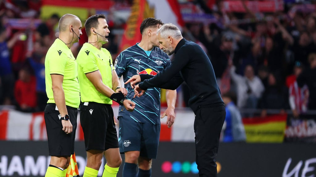 RB-Trainer Rose beschwert sich beim Schiedsrichter-Trio über den vermeintlich verfrühten Abpfiff.