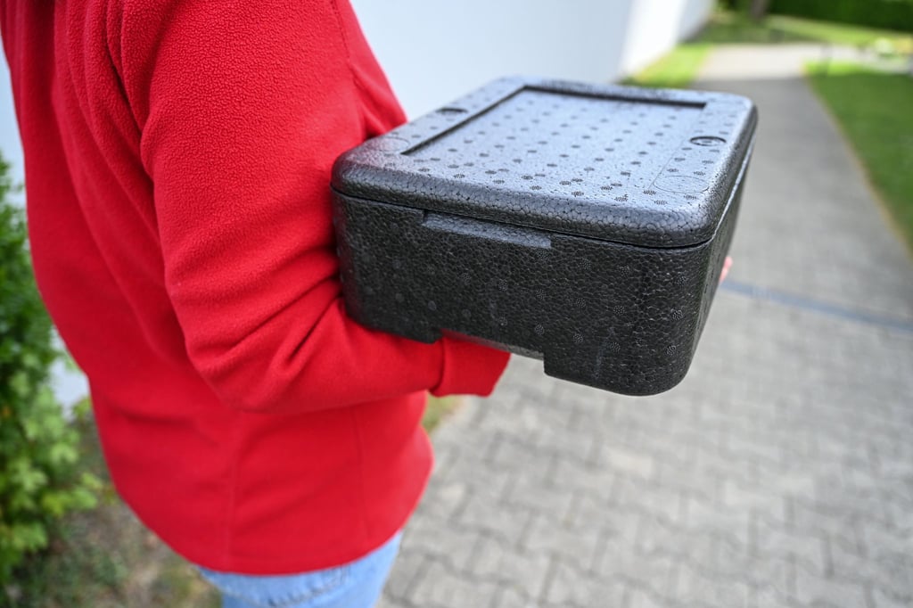 Eine Mitarbeiterin des Deutschen Roten Kreuzes (DRK), die ein Freiwilliges Soziales Jahr absolviert, trägt ein heißes Essen in einer Thermo-Box. (Symbolbild)
