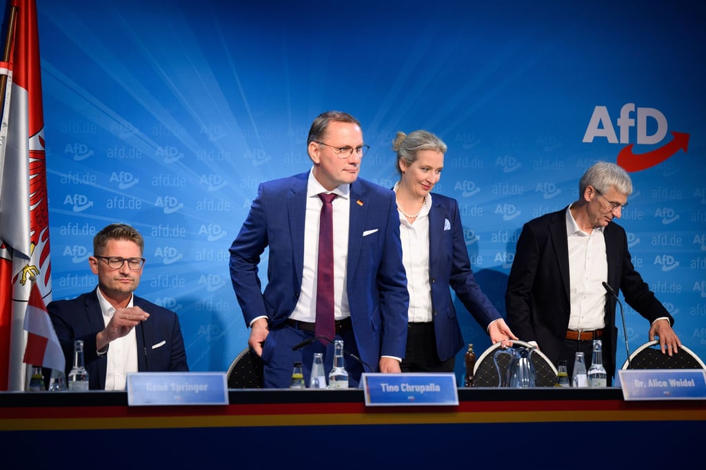 Die AfD-Spitze am Tag nach der Landtagswahl in Brandenburg.