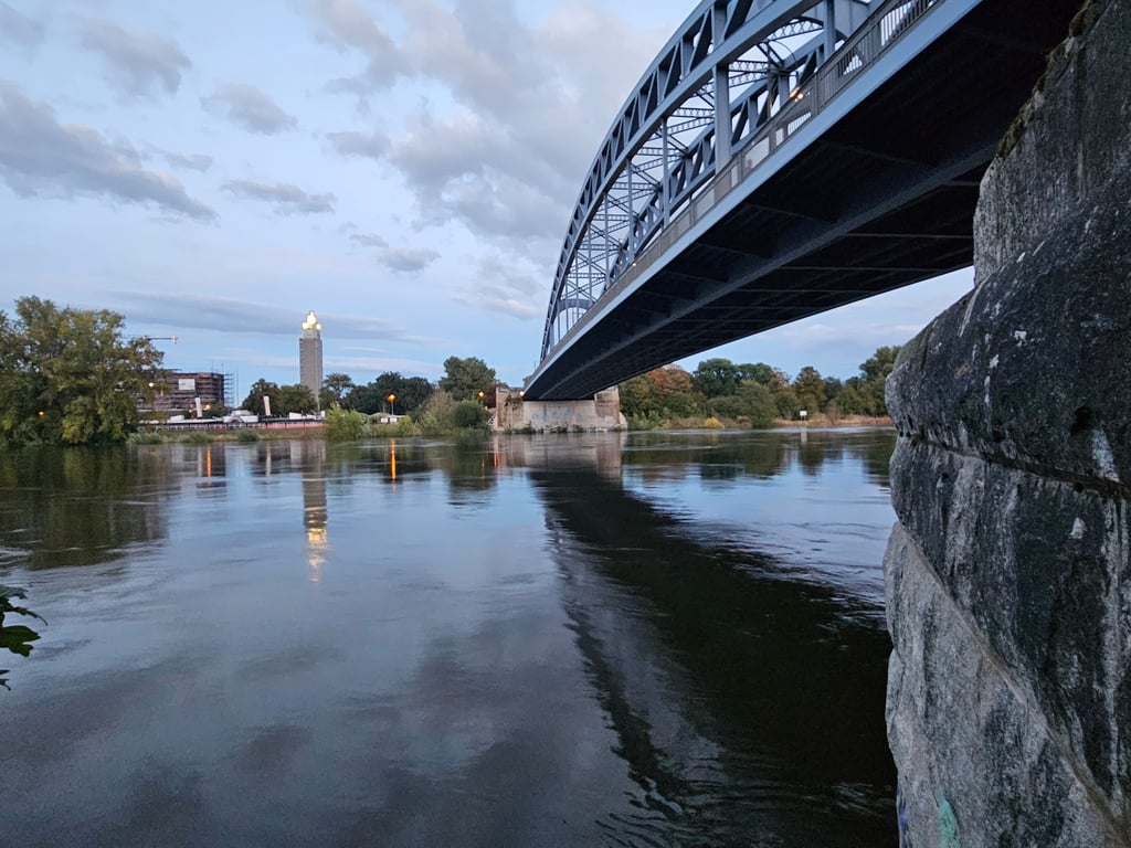 Hochwasser in der Elbe an der Magdeburger Sternbrücke mit dem Albinmüller-Turm im Hintergrund.
