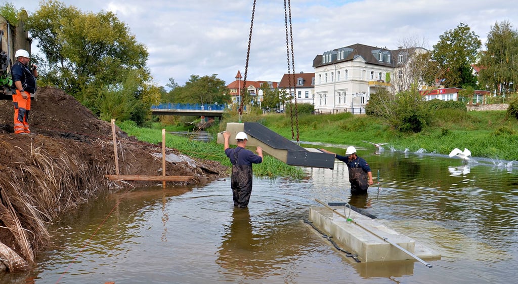 Mit dem siebten und größten Kanuanleger unweit der Staßfurter Steinstraßen-Brücke krönen die Bernburger Hoch-Tief-Brückenbauer ihren Bode-Auftrag.