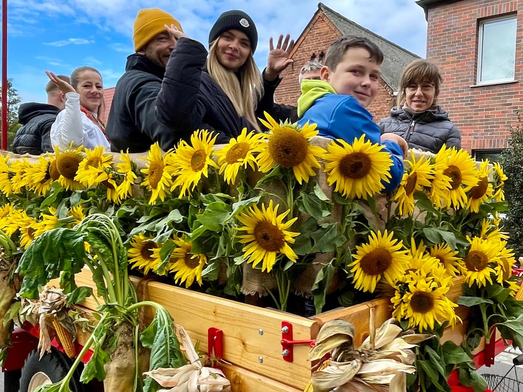 Der Erntewagen aus Brettin, gesteuert von einem Traktor mit Lars Büttner hinterm Lenkrad, war ganz auf Sonnenblumen ausgerichtet. Auch die Erntekrone, die hier mitgeführt wurde, strahlte mit Sonnenblumen.