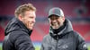 Jürgen Klopp und Julian Nagelsmann (l.) vor einem Champions-League-Spiel zwischen Liverpool und RB Leipzig.