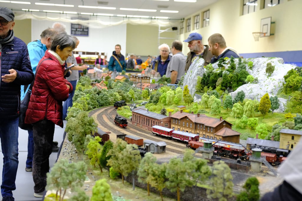 Blick auf die riesige Platte der Rübelandbahn. Sie zieht zur Modellbahnausstellung in Blankenburg wieder die Blicke der Besucher auf sich.