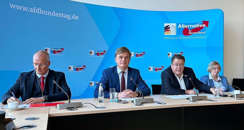 Der Erste Parlamentarische Geschäftsführer der AfD-Bundestagsfraktion, Bernd Baumann (zweiter von links) sieht die Professur Moosdorfs in Moskau skeptisch.