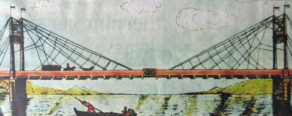 Ein kolorierter Stich der Hängebrücke in Nienburg von 1824.
