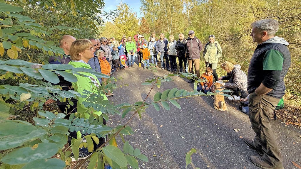 Im Goitzschewald ging es nicht nur um die Begegnung mit dem Wolf. Michael Unger (r.) vom Wolfskompetenzzentrum in Iden informierte auch.