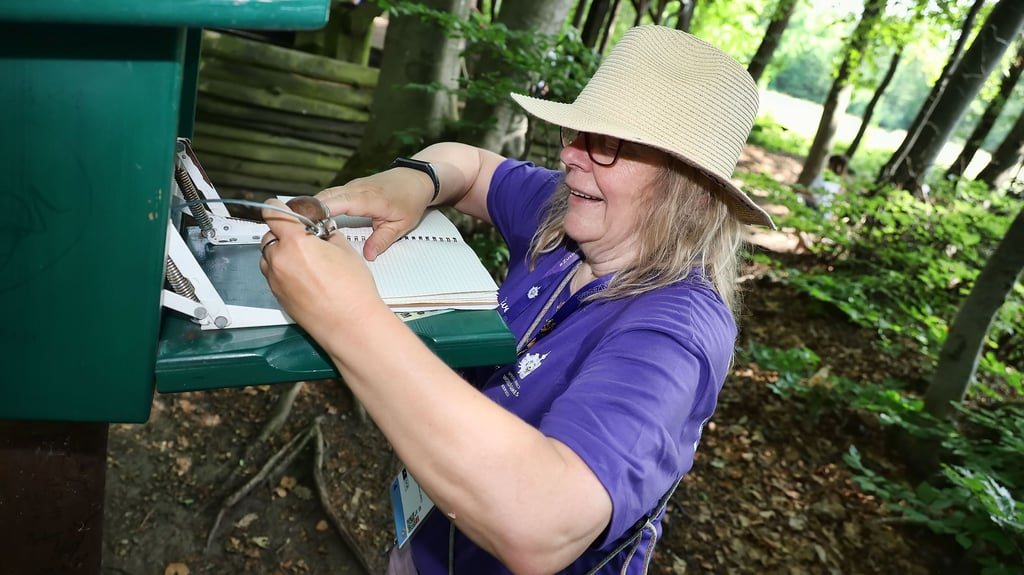 Stempelsammeln gehört dazu: Ulrike Hörst an der Stempelstelle der Harzer Wandernadel am Bergbaulehrpfad.