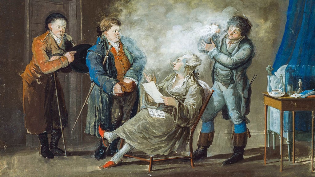 Die weiß gepuderte Perücke war einst eine Art Must-have, hier auf dem Bild „While the Wig is Being Powdered“ (Ausschnitt) von Pehr Nordquist.