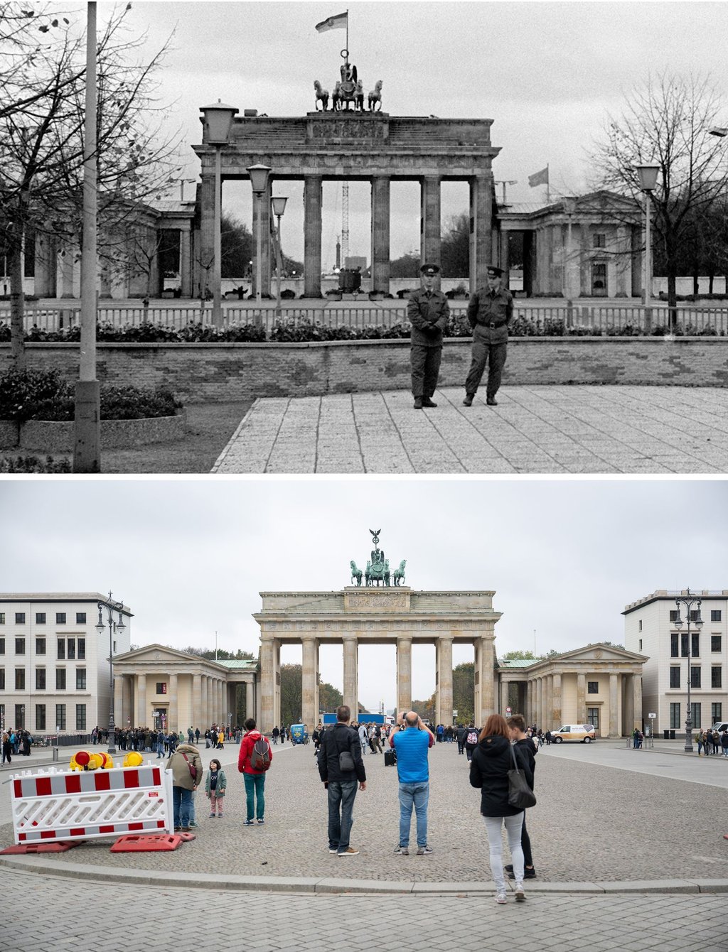 Brandenburger Tor: Wo Wochen vor dem „Fall“ der Berliner Mauer im November 1989 noch Grenzer das „Bollwerk des Ostens“ bewachten, herrscht 35 Jahre nach dem Mauerfall wieder reges Treiben auf dem neu bebauten Platz.