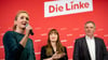 Heidi Reichinnek (Mitte) und Jan van Aken treten für die Linke bei der Bundestagswahl an. Das gab die Parteivorsitzende Ines Schwerdtner (l.) bekannt.