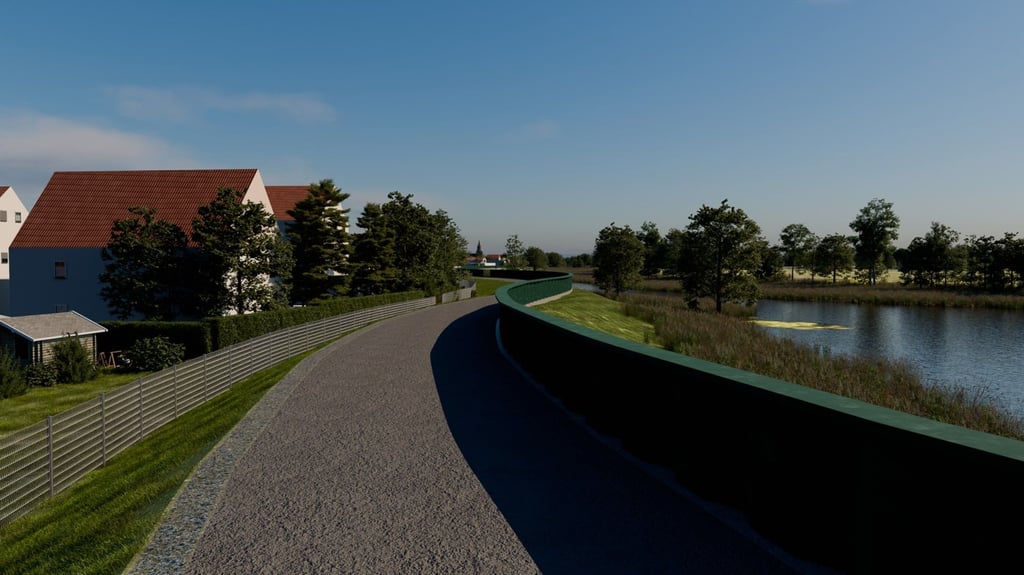 Diese Visualsierung zeigt, wie der Deichbau realisiert werden soll. Links sind Häuser von Anwohnern zu sehen.