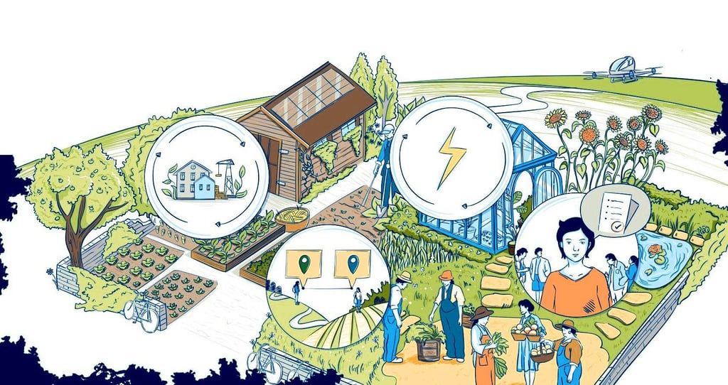 Diese Seite im Landwende-Comicroman befasst sich mit Ressourcennutzug. Energieerzeugung und Nahrungsproduktion sollen als Kreisläufe aufgebaut sein, womit möglichst wenige neue Ressourcen verbraucht werden. Häuser werden mit nachhaltigem Material wie Holz gebaut. Und der Handel, etwa mit  Lebensmitteln, findet vor Ort statt.