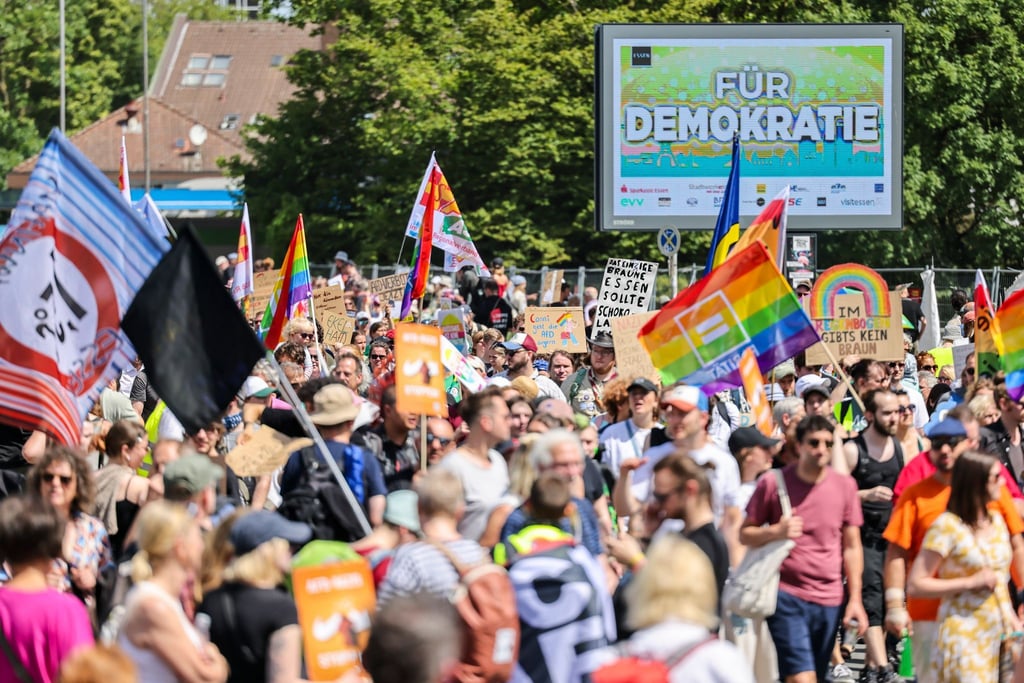 Demonstranten halten bei einer Kundgebung gegen den AfD-Bundesparteitag in Essen eine Tafel mit der Aufschrift „Für Demokratie“ hoch. (Archivbild)