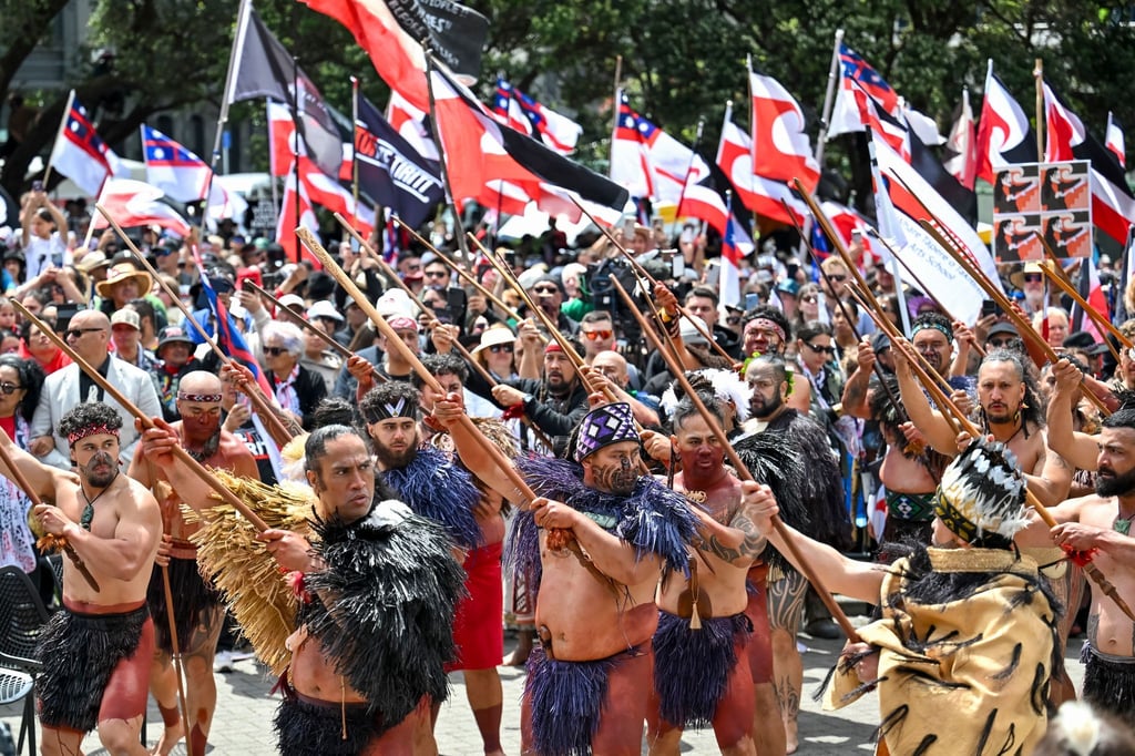 Demonstranten tragen die traditionelle Kleidung der indigenen Bevölkerung und präsentieren die Maori-Flagge,