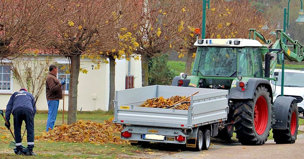 Arbeitseinsatz an der Kirche Ferchland, Laub wird mit Fahrzeug weggefahren. 