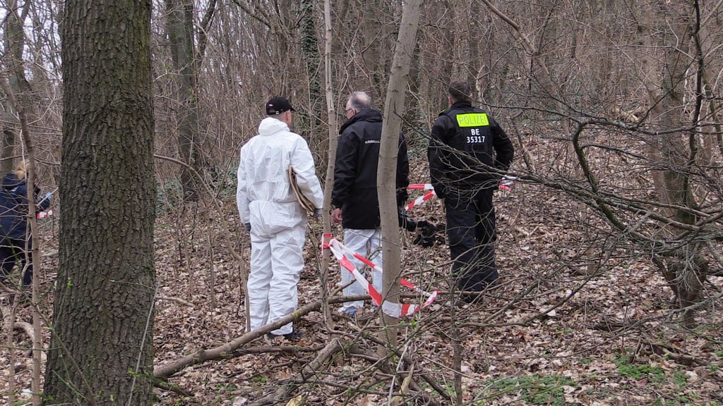 Kriminaltechniker am Fundort des Oberschenkels im Volkspark Prenzlauer Berg in Berlin.