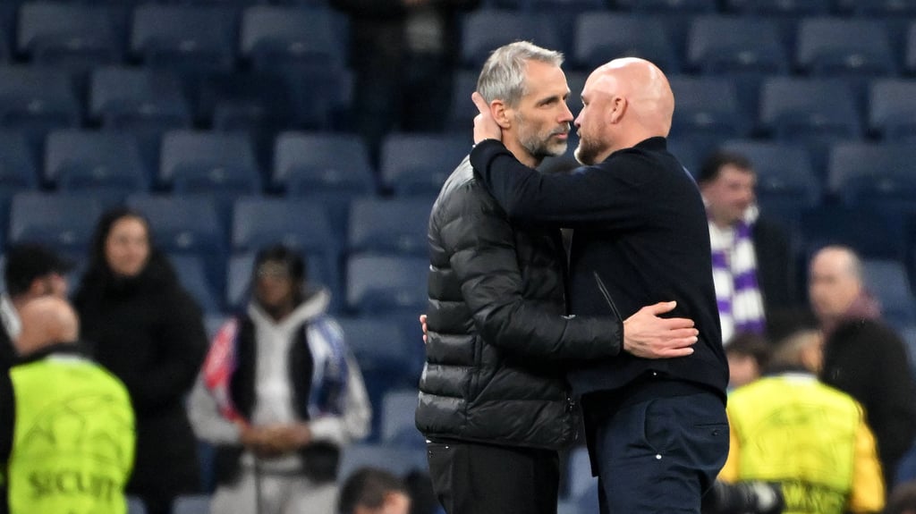 RB-Trainer Marco Rose (l.) und sein "Verbündeter" Rouven Schröder müssen Servus zueinander sagen.