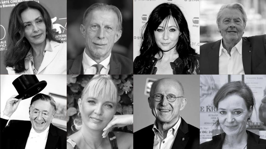 Todesfälle 2024: oben.v.l.: Maria Rosaria Omaggio, Christoph Daum, Shannon Doherty, alain Delon; (u.v.l.): Richard "Mörtel" Lugner, "Ela" Michaela Ahlrichs-Wedig, Willi Lemke, Susanne Bard