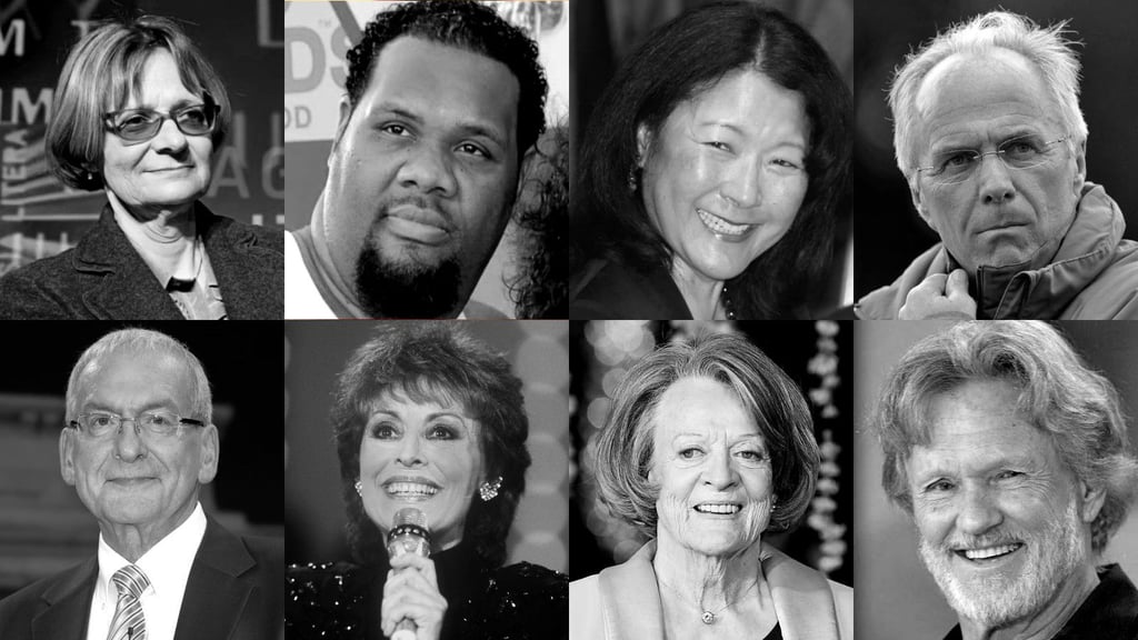 Todesfälle 2024: oben v.l.: Daniela Hodrova, Fatman Scoop, Patti Yasutake, Sven-Göran Eriksson; unten v.l.: Peter Zwegat, Caterina Valente, Maggie Smith, Kris Kristofferson