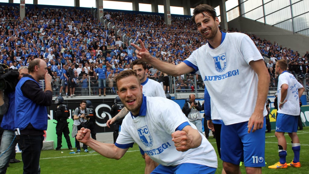 Christian Beck (r.) und Lars Fuchs stiegen 2015 mit dem 1. FC Magdeburg in die 3. Liga auf und wurde zum Kultspielern beim Club.